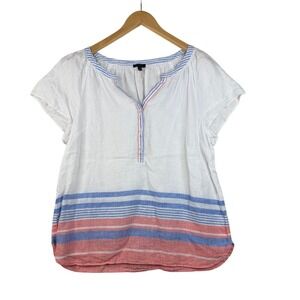 Talbots 100% Linen Bottom Stripe Short Sleeve Blouse size Large White/Blue/Pink